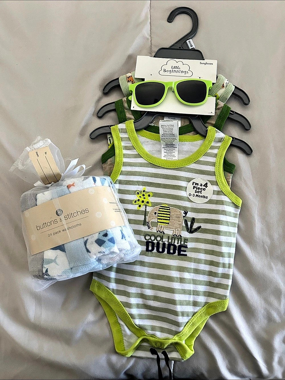 Little Beginnings 4-Piece Set 3 Tank Bodysuits and Sunglasses Baby Bodysuit Set